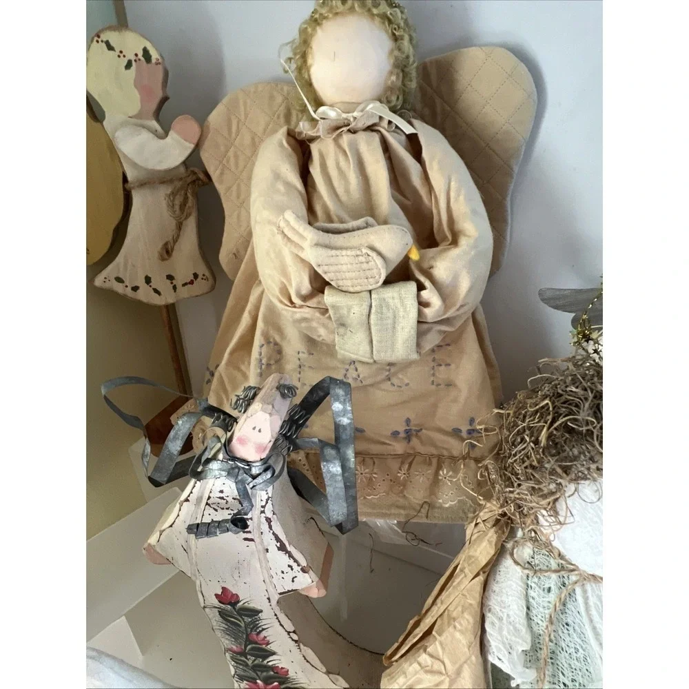 Vintage Primitive Angel Collection Lot Christmas Decor Folk Art Cloth Wood Straw